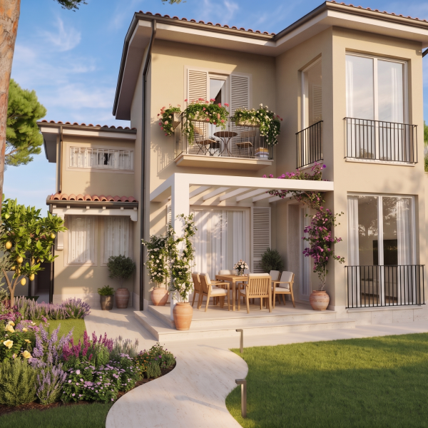 Villa Alessandra a Forte dei Marmi: vista dal giardino con portico e balconi