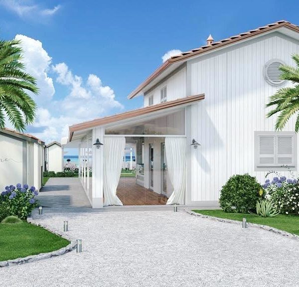 Ingresso del Bagno Cesare a Forte dei Marmi, edificio bianco con palme